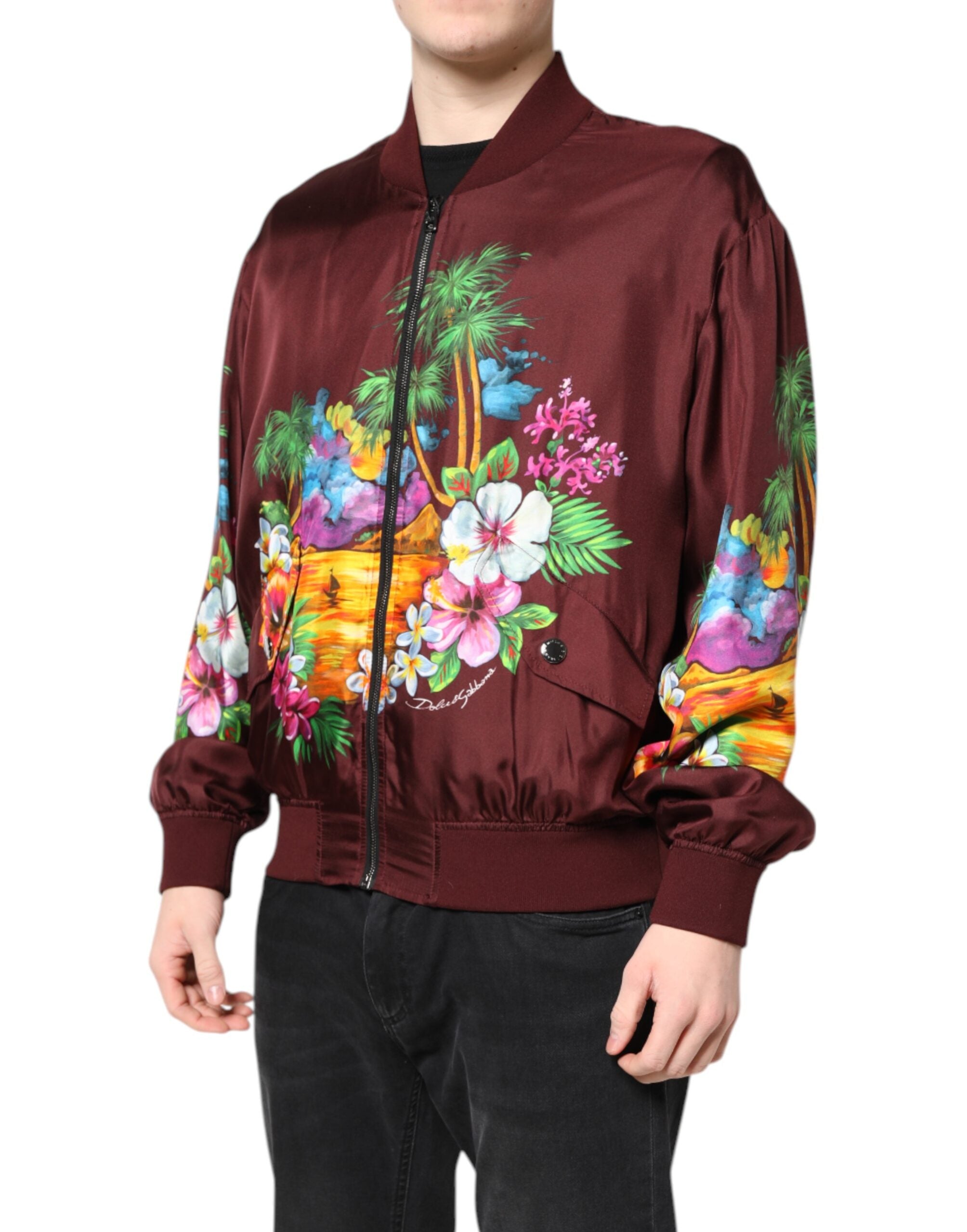 Dolce & Gabbana Dolce & Gabbana Maroon Floral Print Full Zip Bomber Men's Jacket