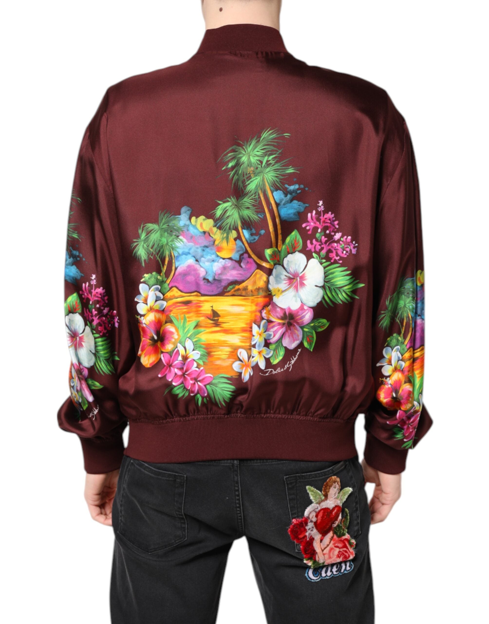 Dolce & Gabbana Dolce & Gabbana Maroon Floral Print Full Zip Bomber Men's Jacket
