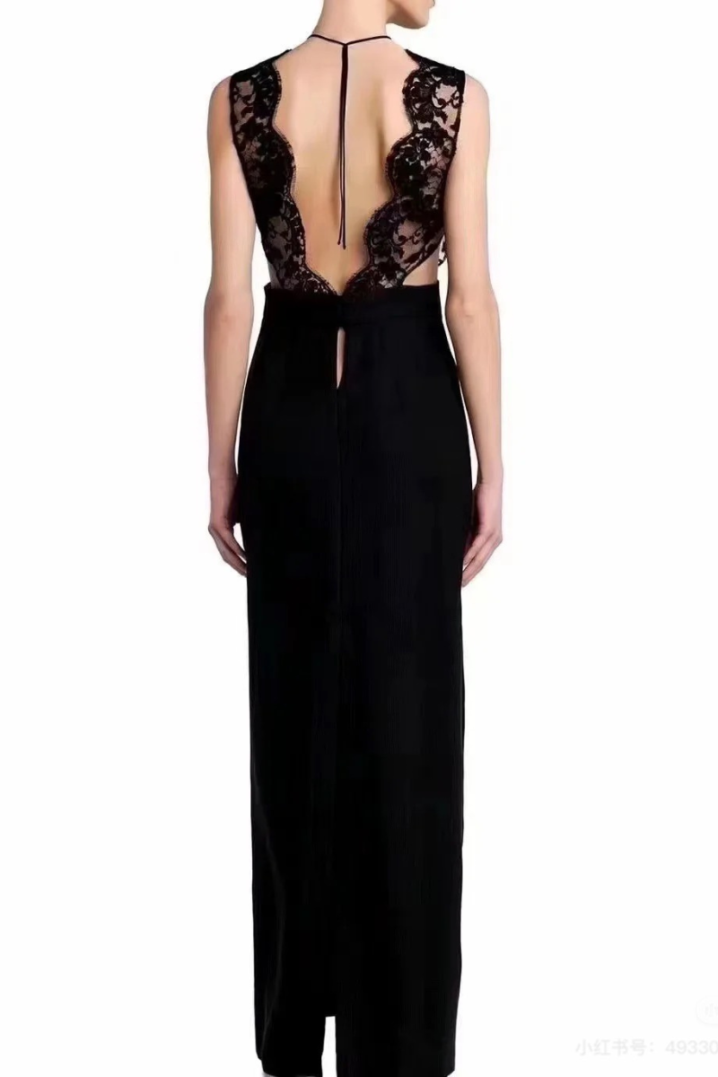 La Perla Halterneck Nightgown In Black Silk With Leavers Lace