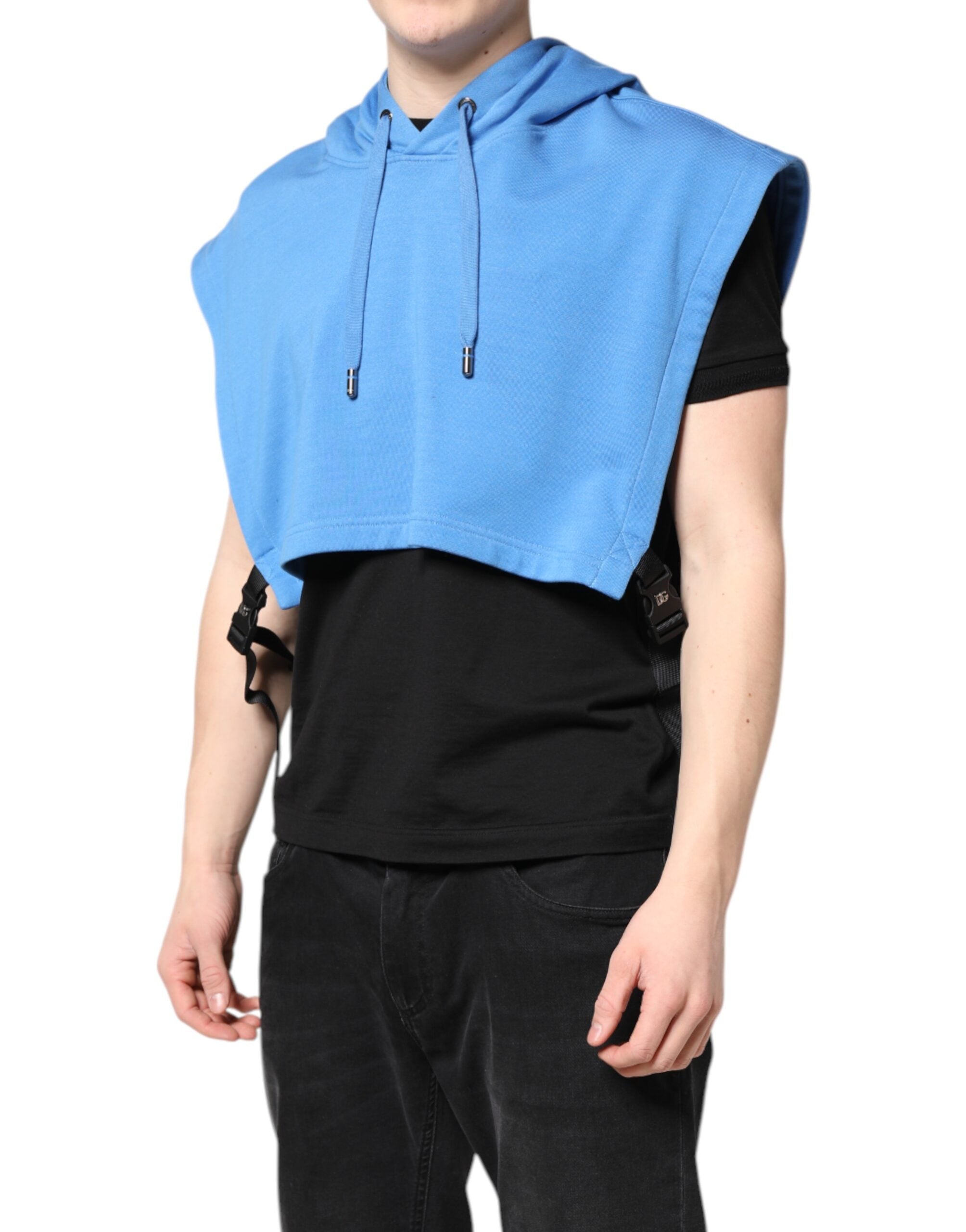 Dolce & Gabbana Blue Cotton Hooded Men Sportswear Vest Men's Sweater