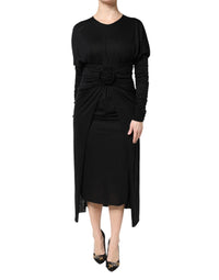 Dolce & Gabbana Black Wool Long Sleeves Sheath Midi Women's Dress