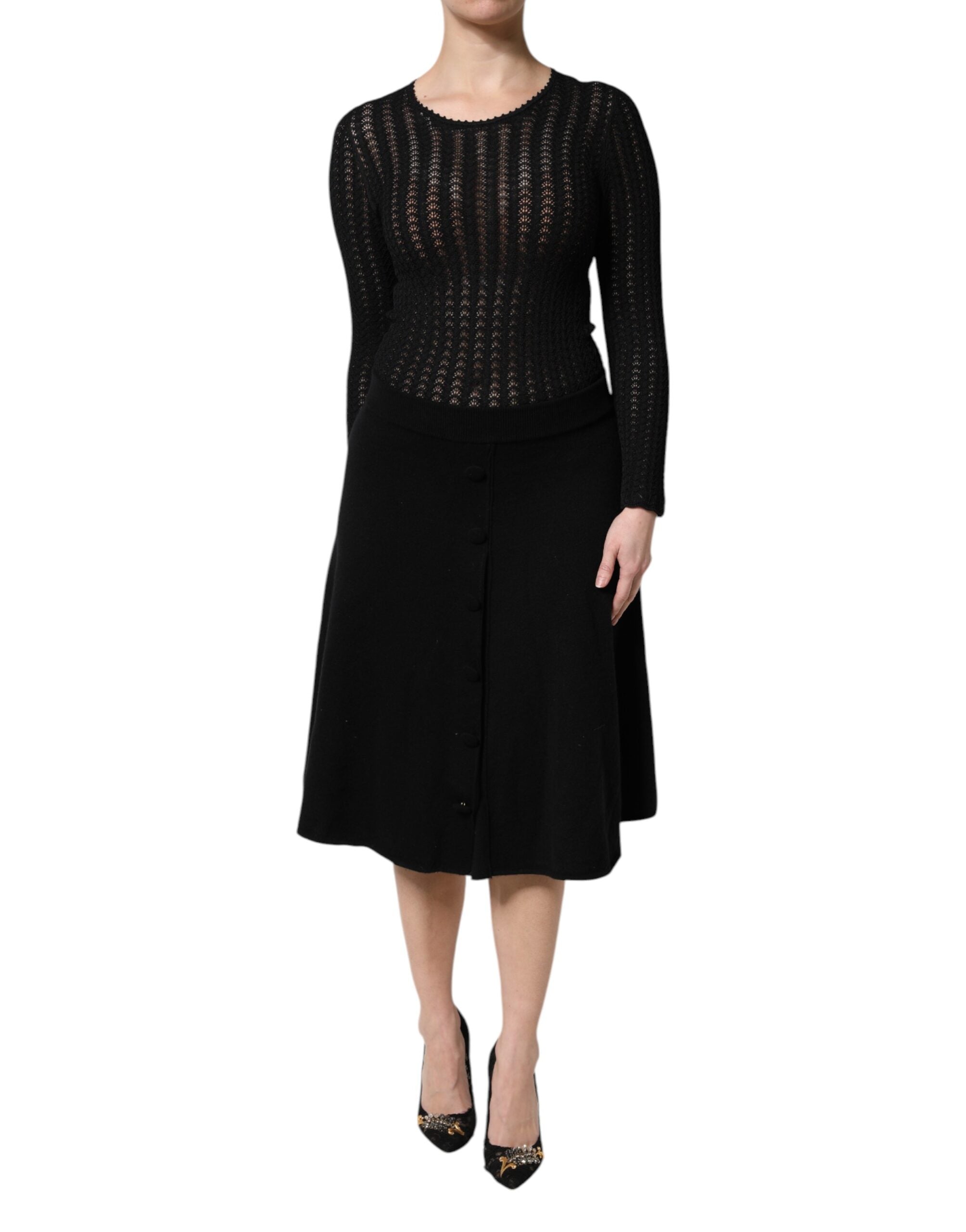 Dolce & Gabbana Black Cashmere Long Sleeves A-line Midi Women's Dress
