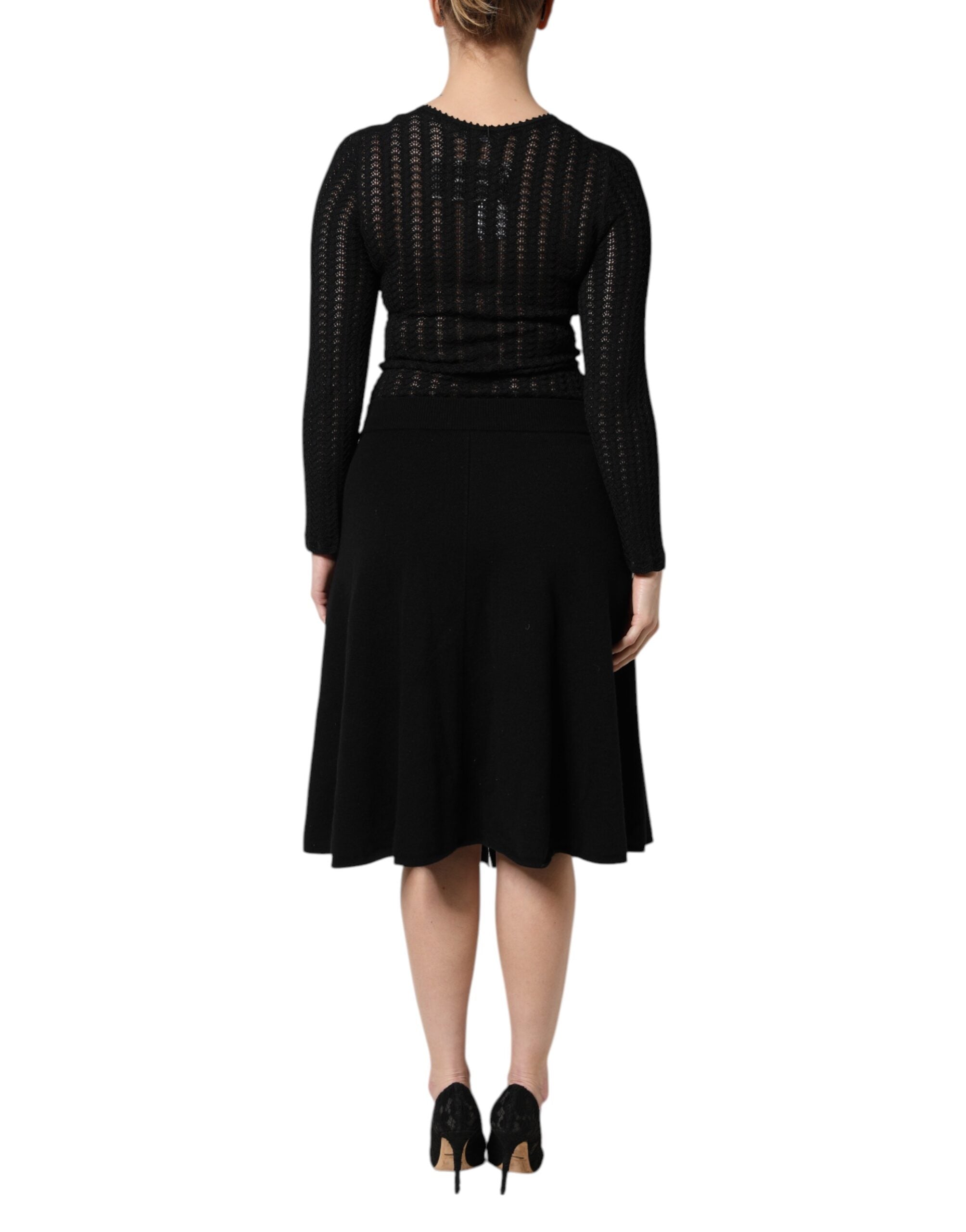 Dolce & Gabbana Black Cashmere Long Sleeves A-line Midi Women's Dress