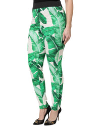 Dolce & Gabbana White Green Leaf High Waist Women's Pants