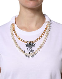 Dolce & Gabbana White Chain Pearl Cotton Round Neck Women's T-shirt