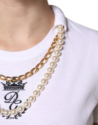Dolce & Gabbana White Chain Pearl Cotton Round Neck Women's T-shirt