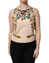 Dolce & Gabbana Beige Floral Embroidery Sleeveless Tank Women's Top