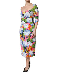 Dolce & Gabbana Multicolor Floral Pleated Sheath Midi Women's Dress