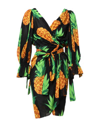 Dolce & Gabbana Black Pineapple Print Silk Wrap Mini Women's Dress