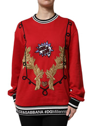 Dolce & Gabbana Red Cotton Queen Sequined Pullover Women's Sweater