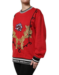 Dolce & Gabbana Red Cotton Queen Sequined Pullover Women's Sweater