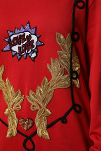 Dolce & Gabbana Red Cotton Queen Sequined Pullover Women's Sweater