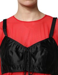 Dolce & Gabbana Red Black Bustier Detailing Long Sleeves Women's Top