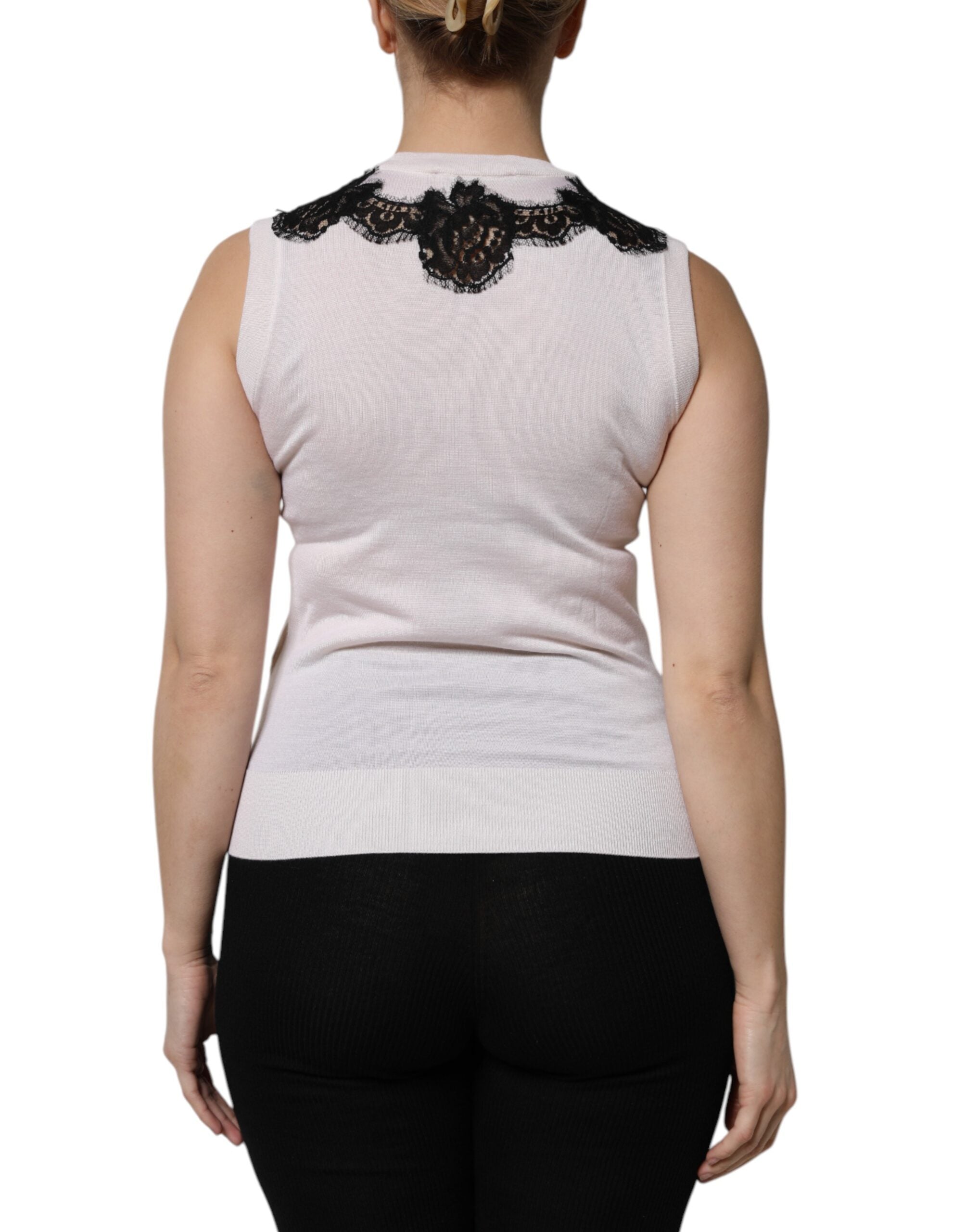 Dolce & Gabbana White Cashmere Floral Lace Detailing Tank Women's Top