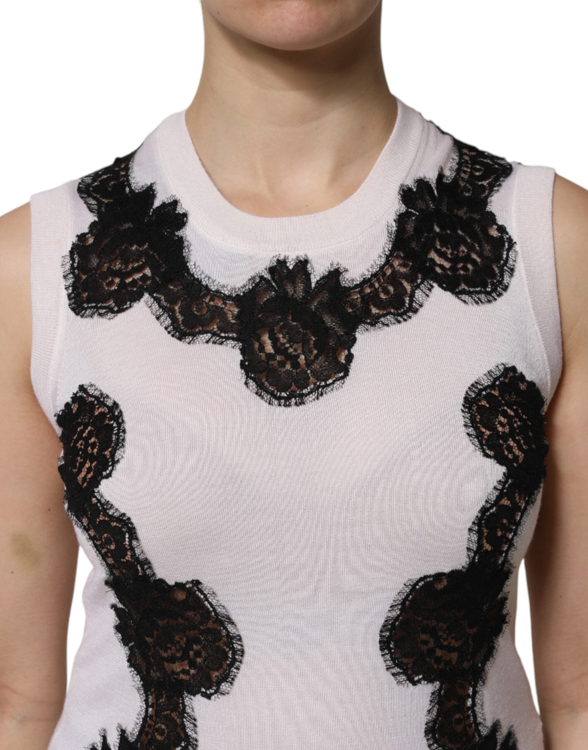 Dolce & Gabbana White Cashmere Floral Lace Detailing Tank Women's Top