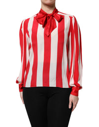 Dolce & Gabbana Red White Stripes Ascot Collar Blouse Women's Top