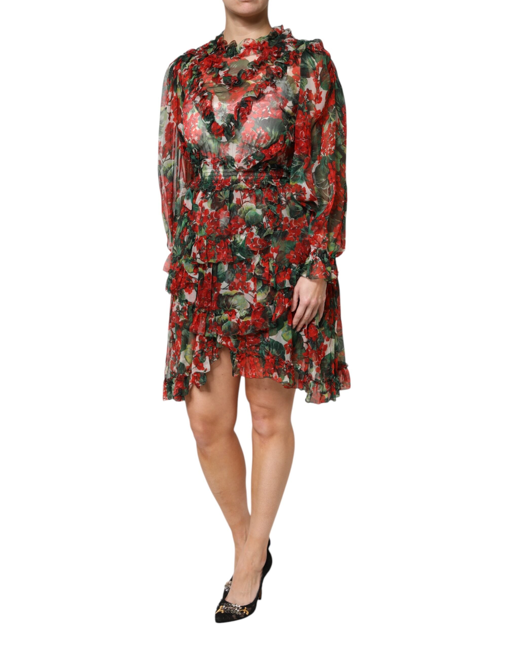 Dolce & Gabbana Multicolor Ruffle Floral Long Sleeves Women's Dress