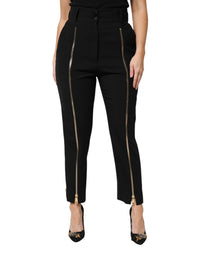 Dolce & Gabbana Black Wool High Waist Zipper Tapered Women's Pants