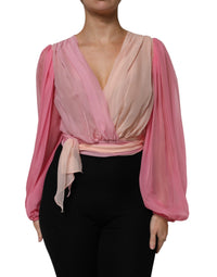 Dolce & Gabbana Pink Plunging V-neck Long Sleeves Blouse Women's Top