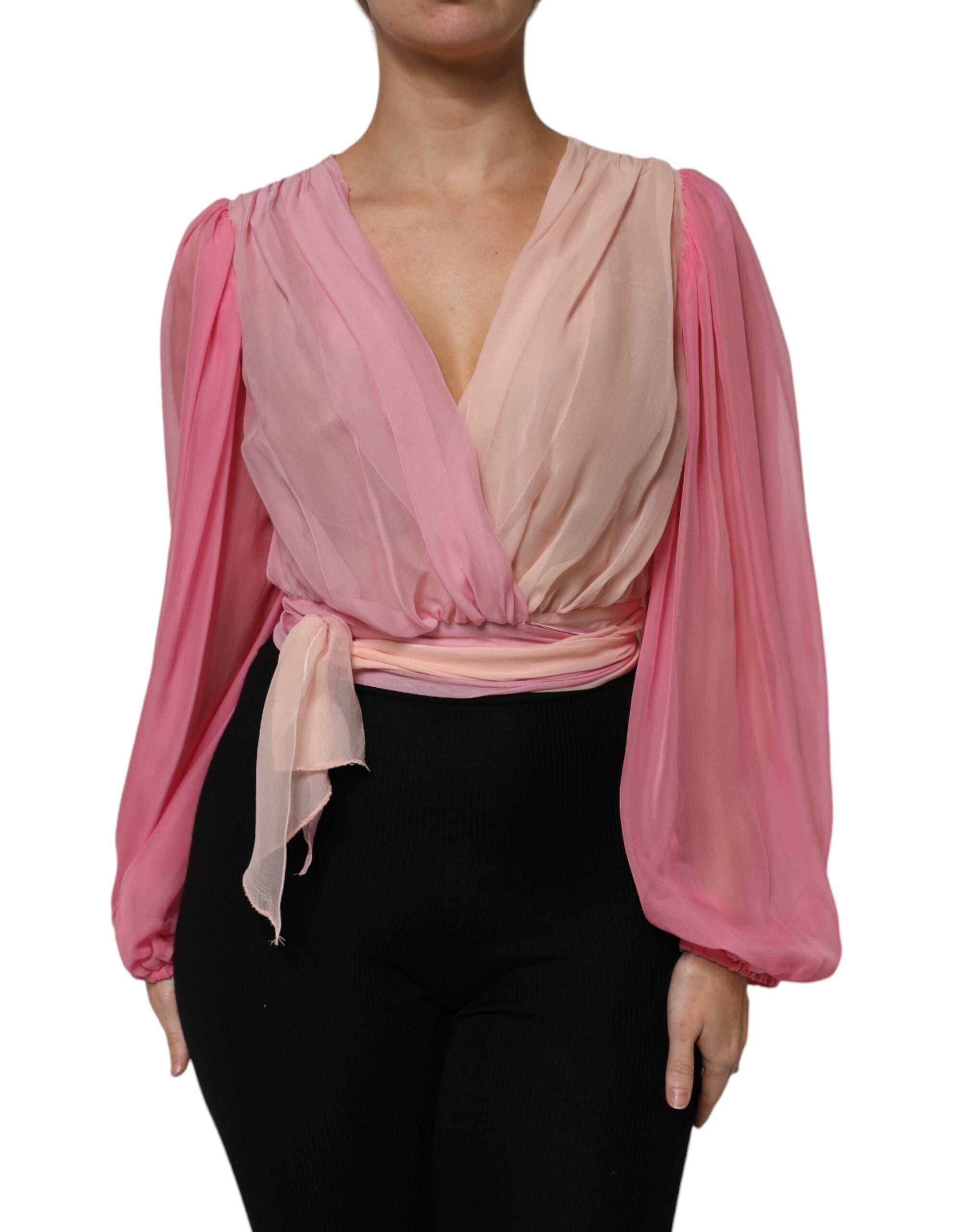 Dolce & Gabbana Pink Plunging V-neck Long Sleeves Blouse Women's Top