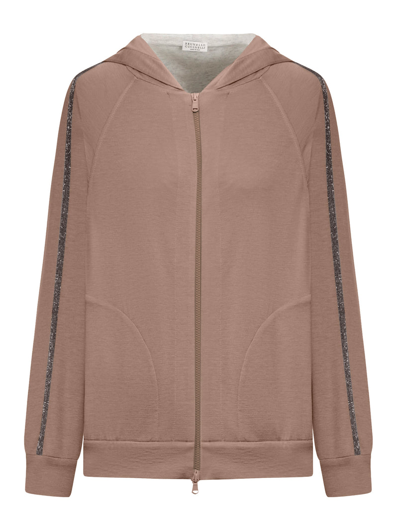 Brunello Cucinelli Women Cotton And Silk Interlock Topwear With Hood And Precious Stripe