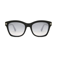 Tom Ford Cat Eye Full Rim, with a Shiny Black frame and Gradient Smoke Silver Flash lens.