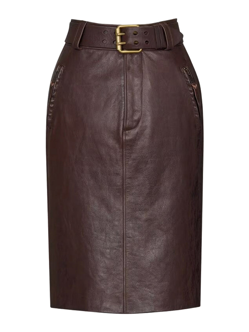 Saint Laurent Women Belted Pencil Skirt In Creased Leather