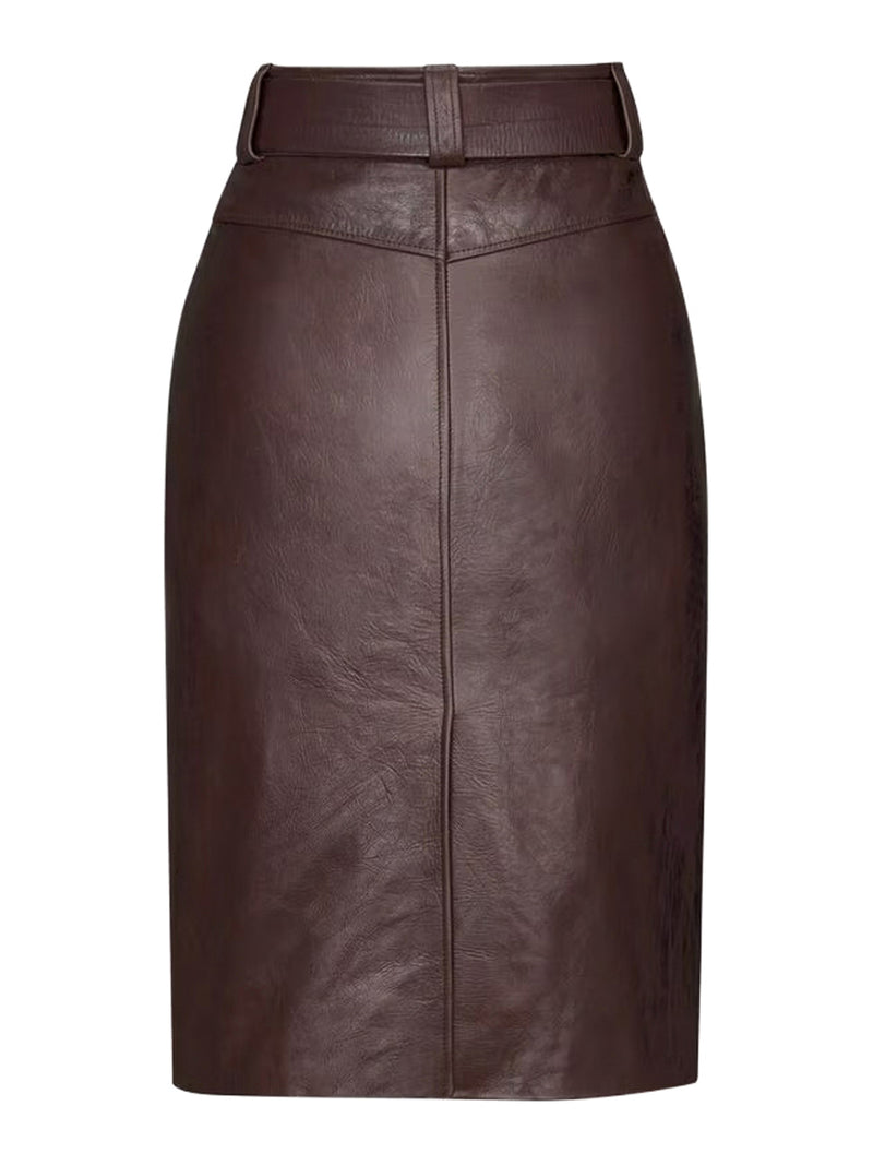 Saint Laurent Women Belted Pencil Skirt In Creased Leather