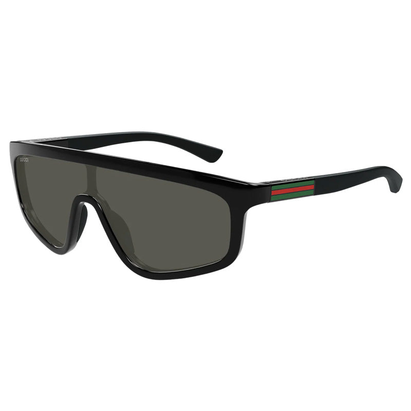 Gucci Gucci Shield Full Rim, with a Shiny Solid Black frame and Grey lens.