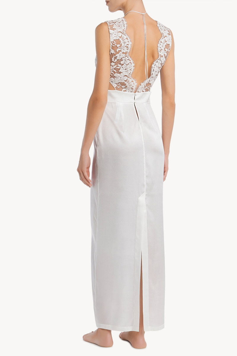 La Perla Halterneck Nightgown In White Silk With Leavers Lace