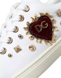 Dolce & Gabbana White Leather Gold Red Heart Sneakers Women's Shoes