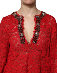 Dolce & Gabbana Red Floral Lace Rhinestone Embellished Women's Dress