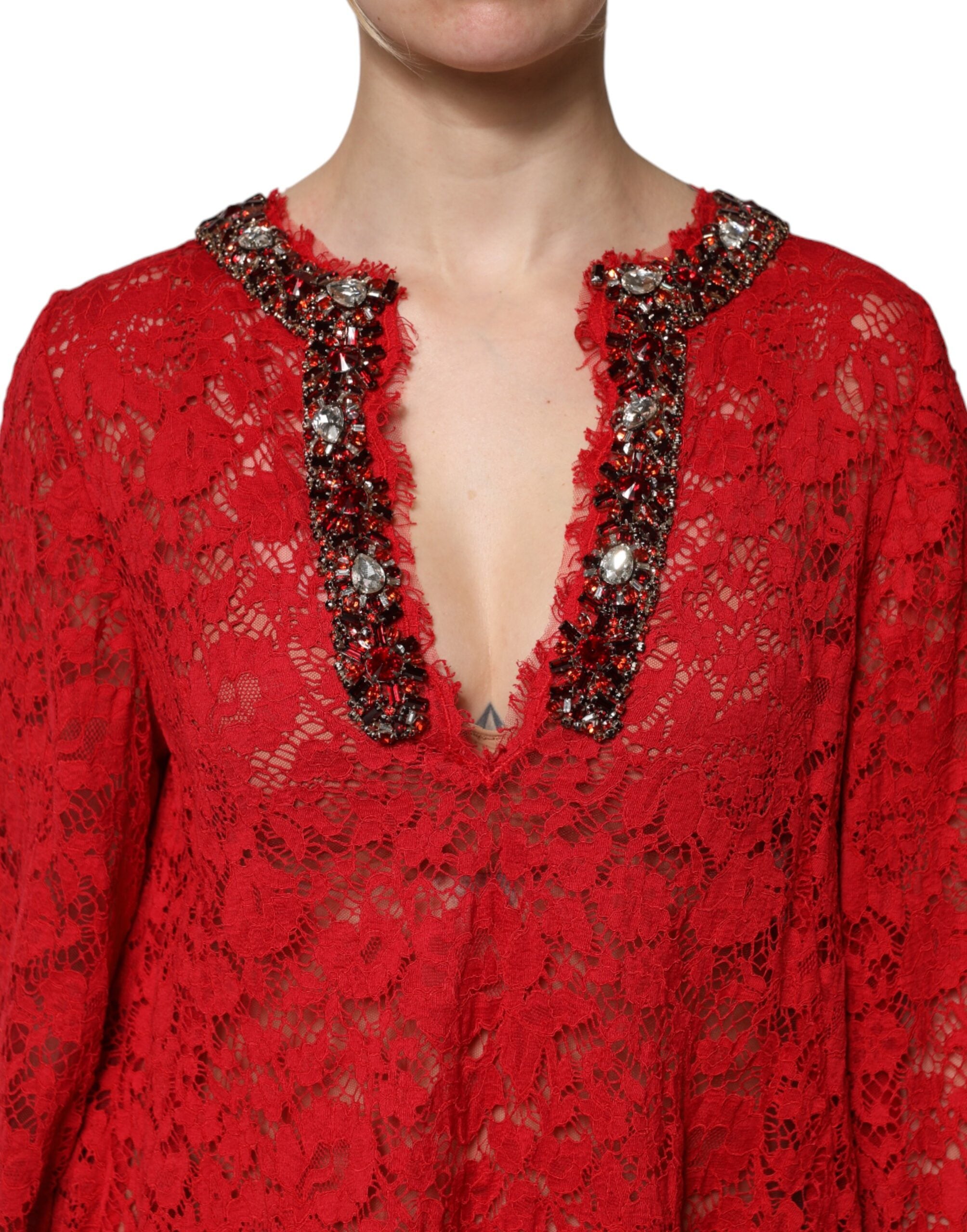 Dolce & Gabbana Red Floral Lace Rhinestone Embellished Women's Dress