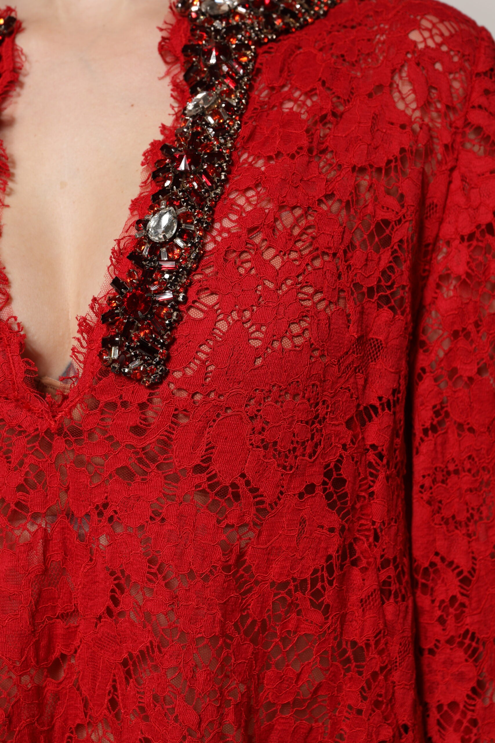 Dolce & Gabbana Red Floral Lace Rhinestone Embellished Women's Dress