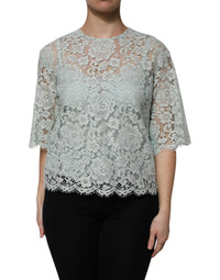 Dolce & Gabbana Mint Green Floral Lace Cotton Blouse Women's Top