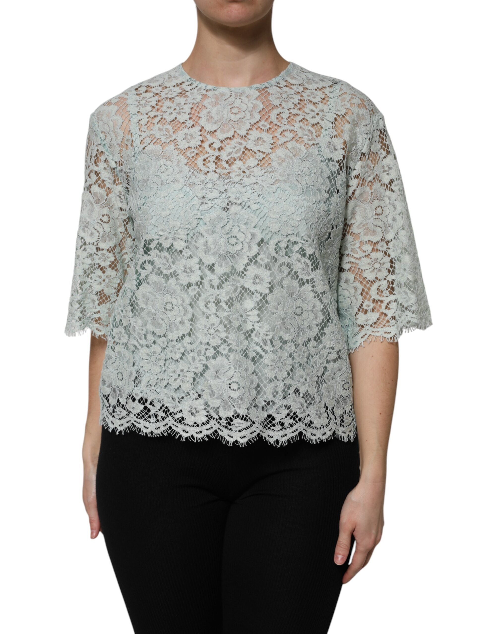 Dolce & Gabbana Mint Green Floral Lace Cotton Blouse Women's Top