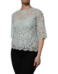 Dolce & Gabbana Mint Green Floral Lace Cotton Blouse Women's Top