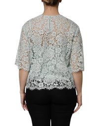 Dolce & Gabbana Mint Green Floral Lace Cotton Blouse Women's Top