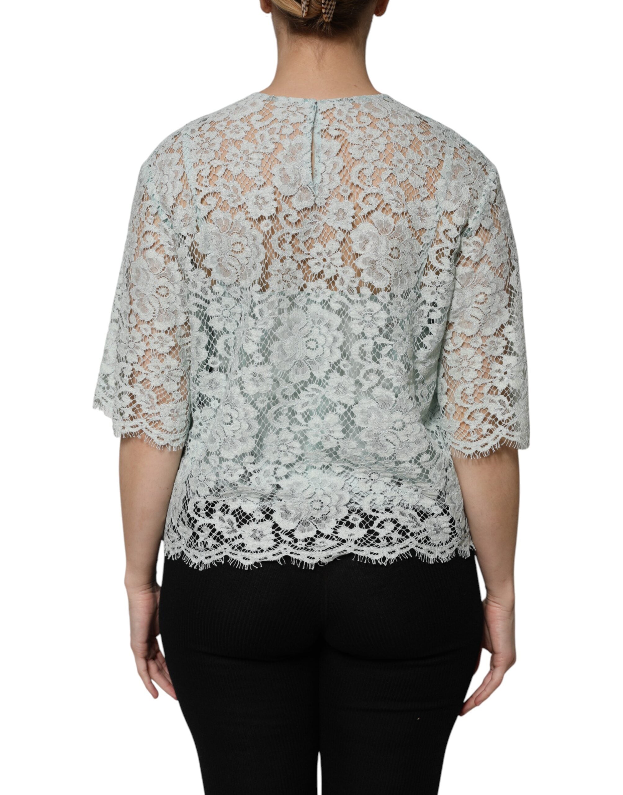 Dolce & Gabbana Mint Green Floral Lace Cotton Blouse Women's Top