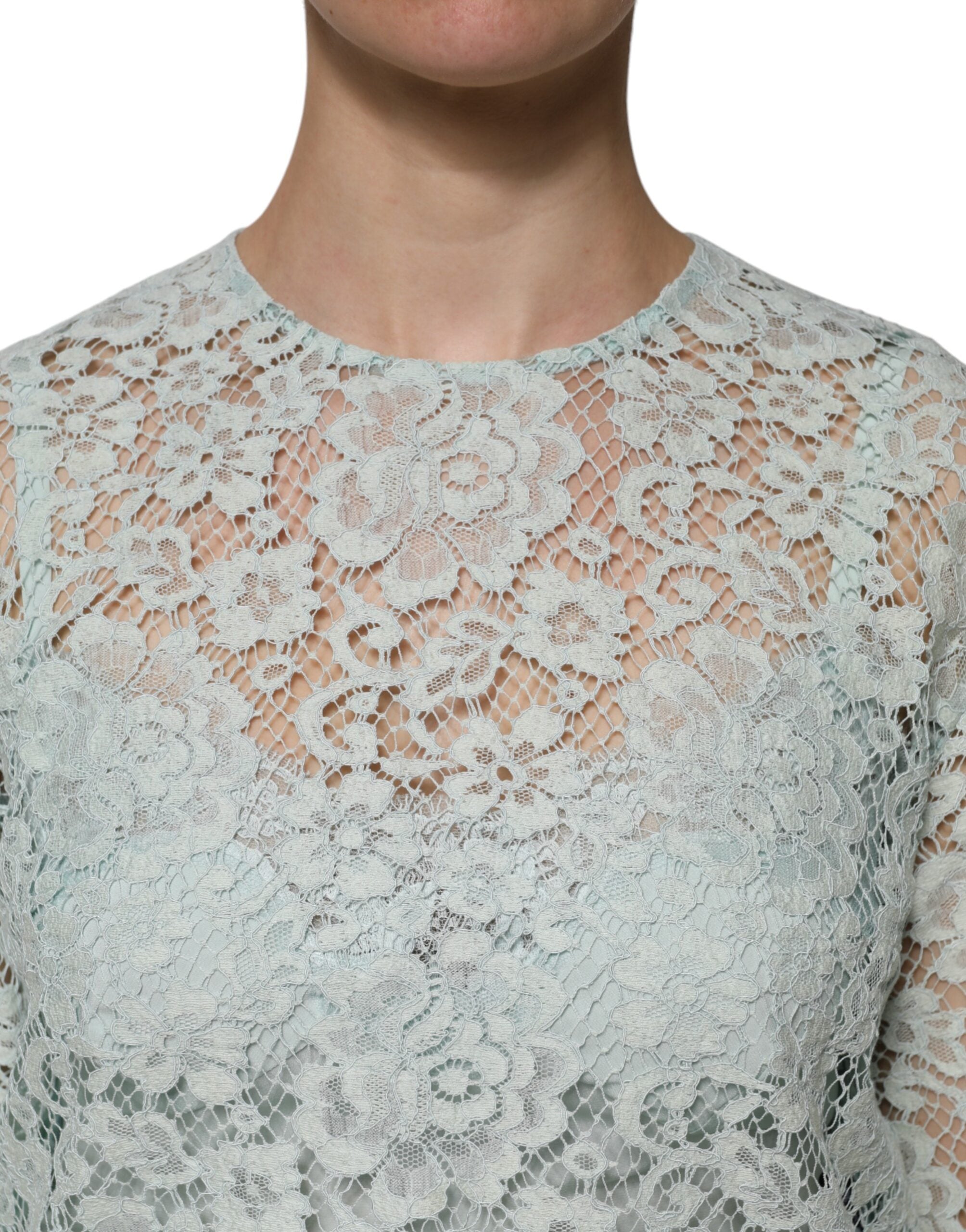 Dolce & Gabbana Mint Green Floral Lace Cotton Blouse Women's Top