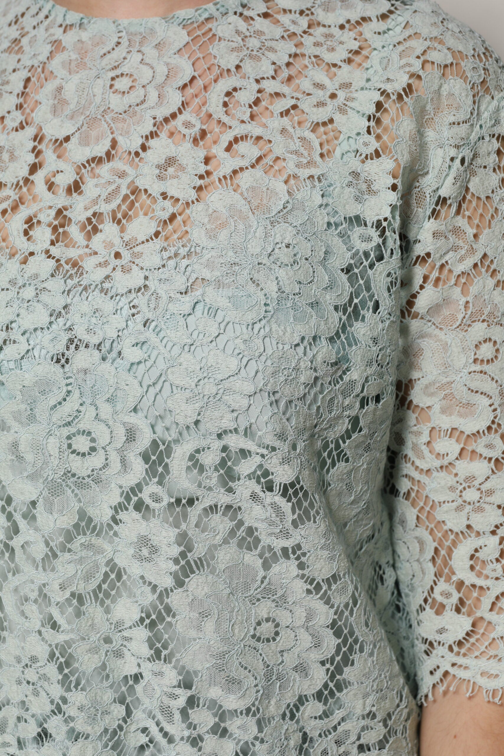 Dolce & Gabbana Mint Green Floral Lace Cotton Blouse Women's Top