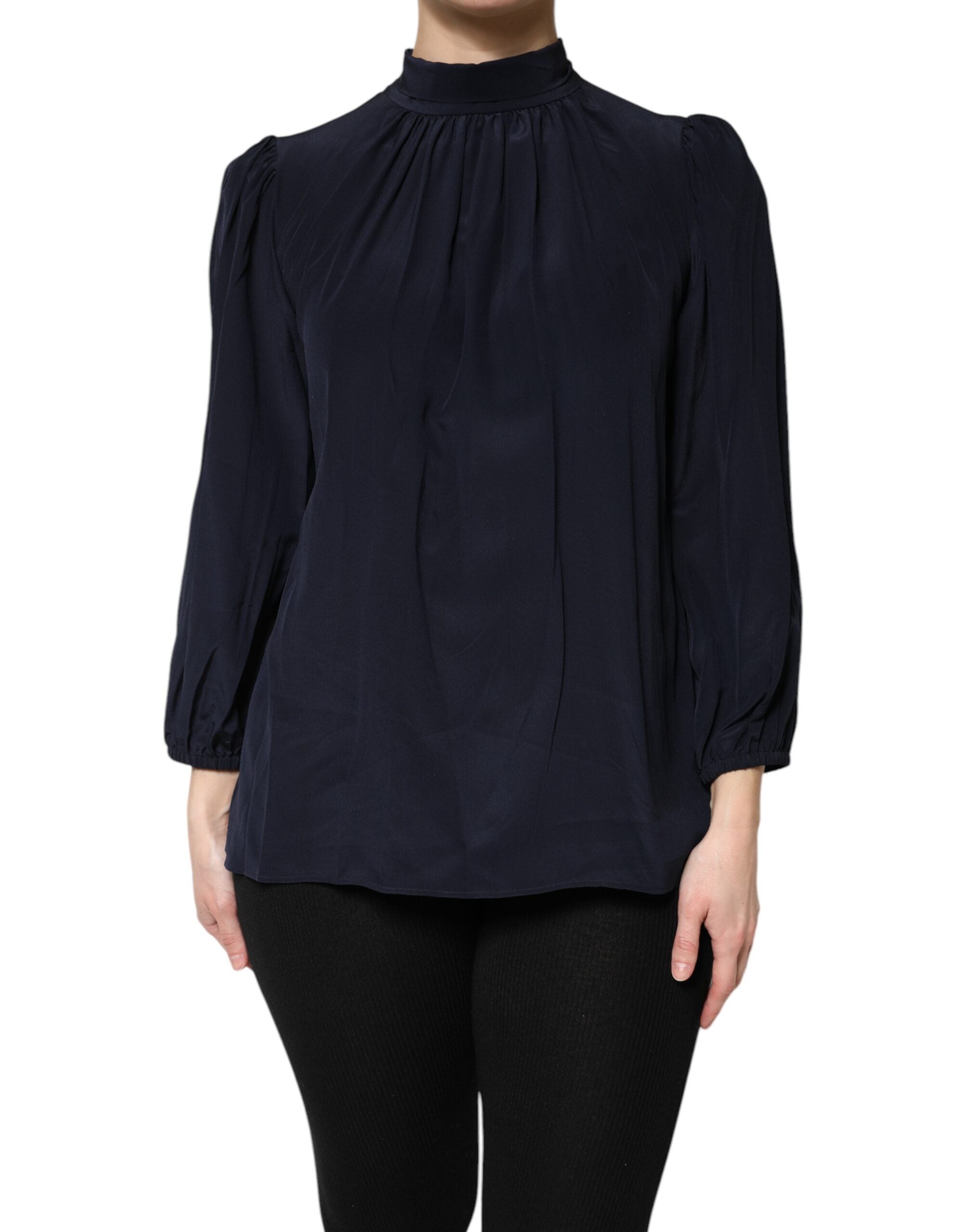 Dolce & Gabbana Blue Silk Mock Neck Long Sleeves Blouse Women's Top