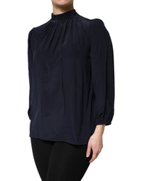Dolce & Gabbana Blue Silk Mock Neck Long Sleeves Blouse Women's Top