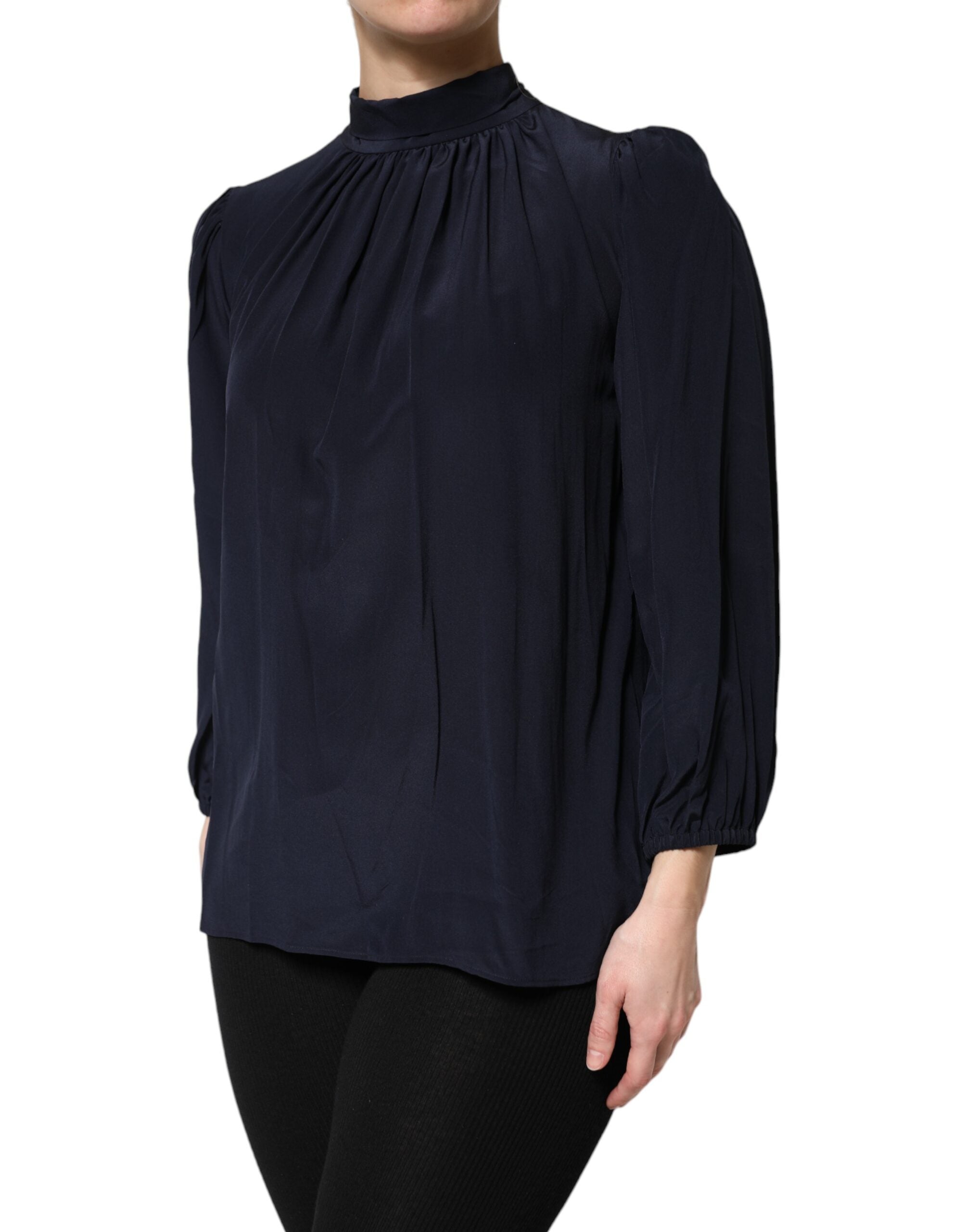 Dolce & Gabbana Blue Silk Mock Neck Long Sleeves Blouse Women's Top