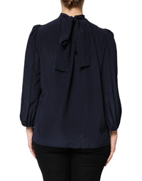 Dolce & Gabbana Blue Silk Mock Neck Long Sleeves Blouse Women's Top