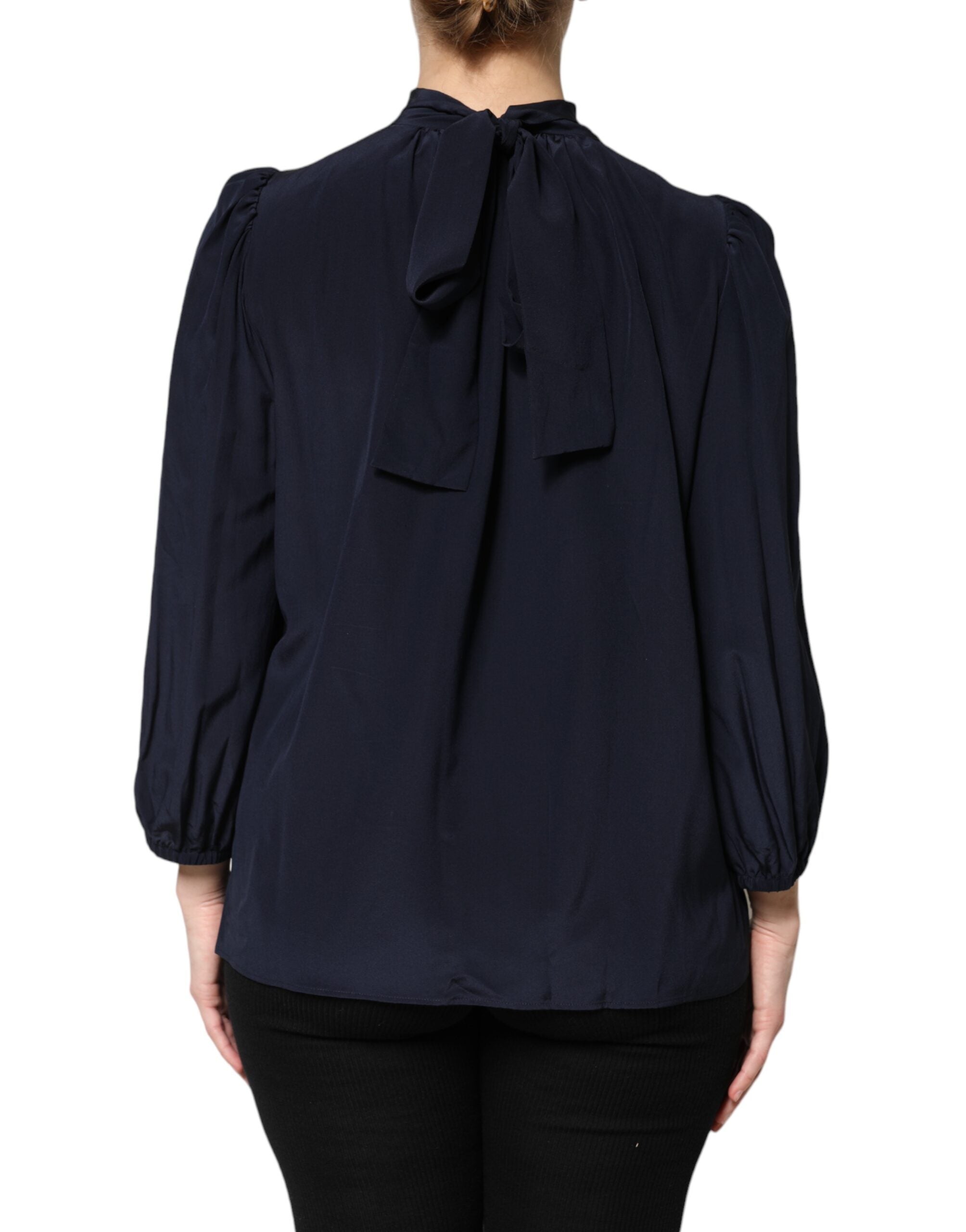 Dolce & Gabbana Blue Silk Mock Neck Long Sleeves Blouse Women's Top