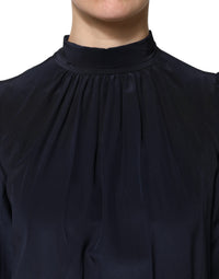 Dolce & Gabbana Blue Silk Mock Neck Long Sleeves Blouse Women's Top