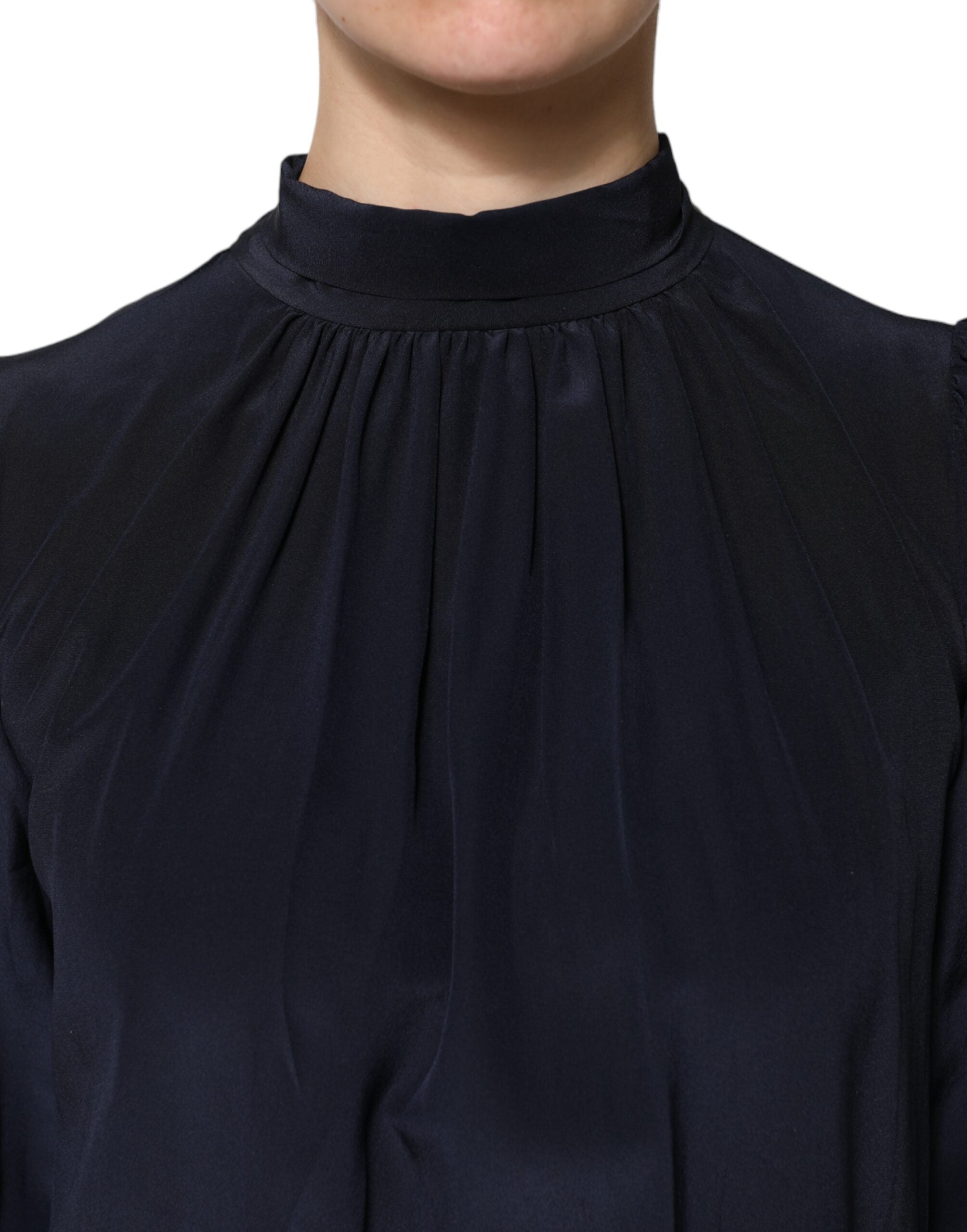 Dolce & Gabbana Blue Silk Mock Neck Long Sleeves Blouse Women's Top