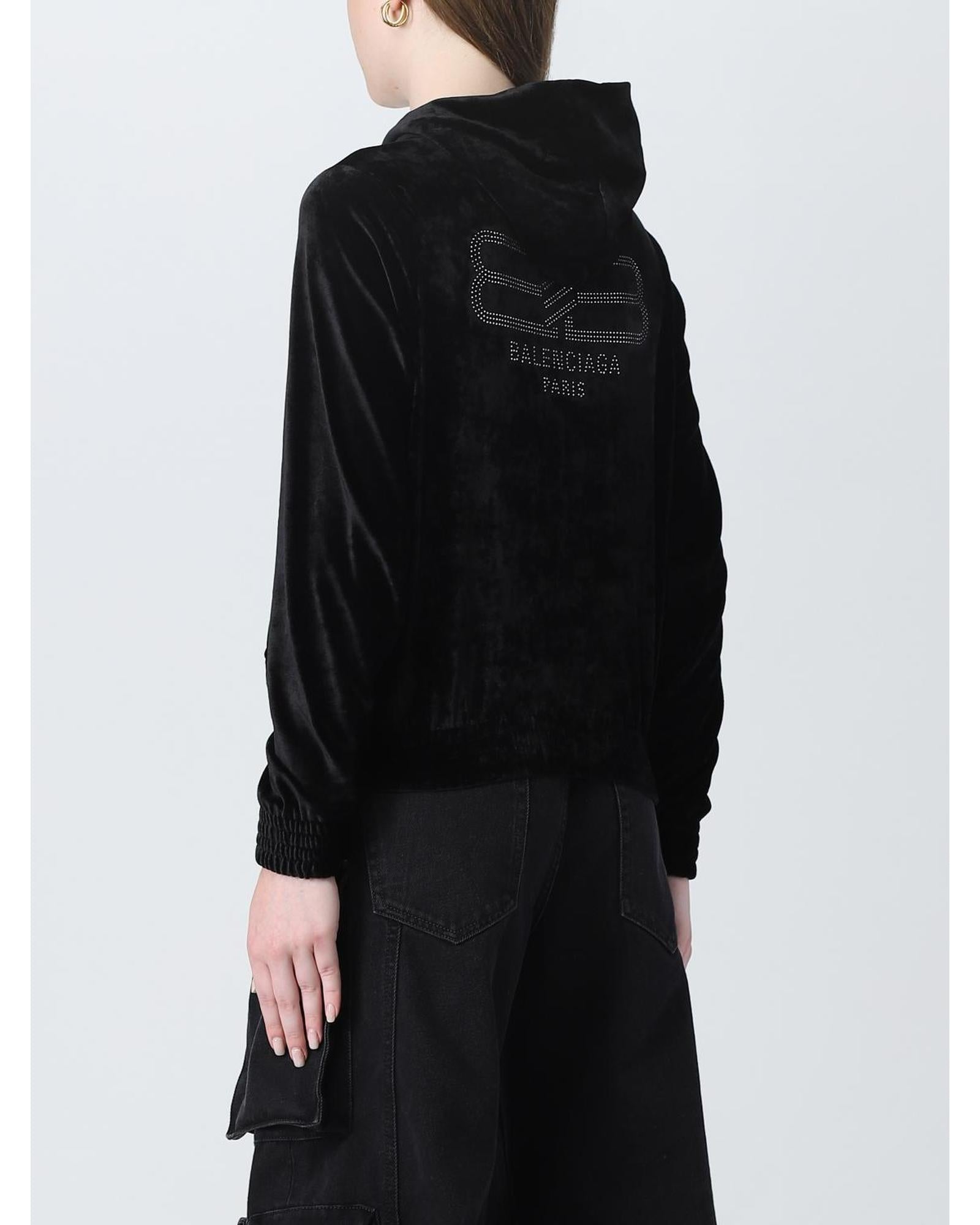 Balenciaga Velvet ZipUp Hoodie Women Black Sweatshirts
