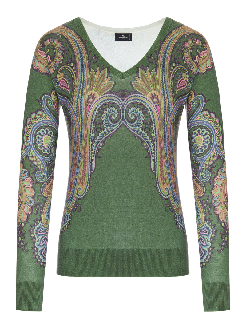 Etro Women Silk And Cashmere V-Neck Sweater With Placed Paisley Print